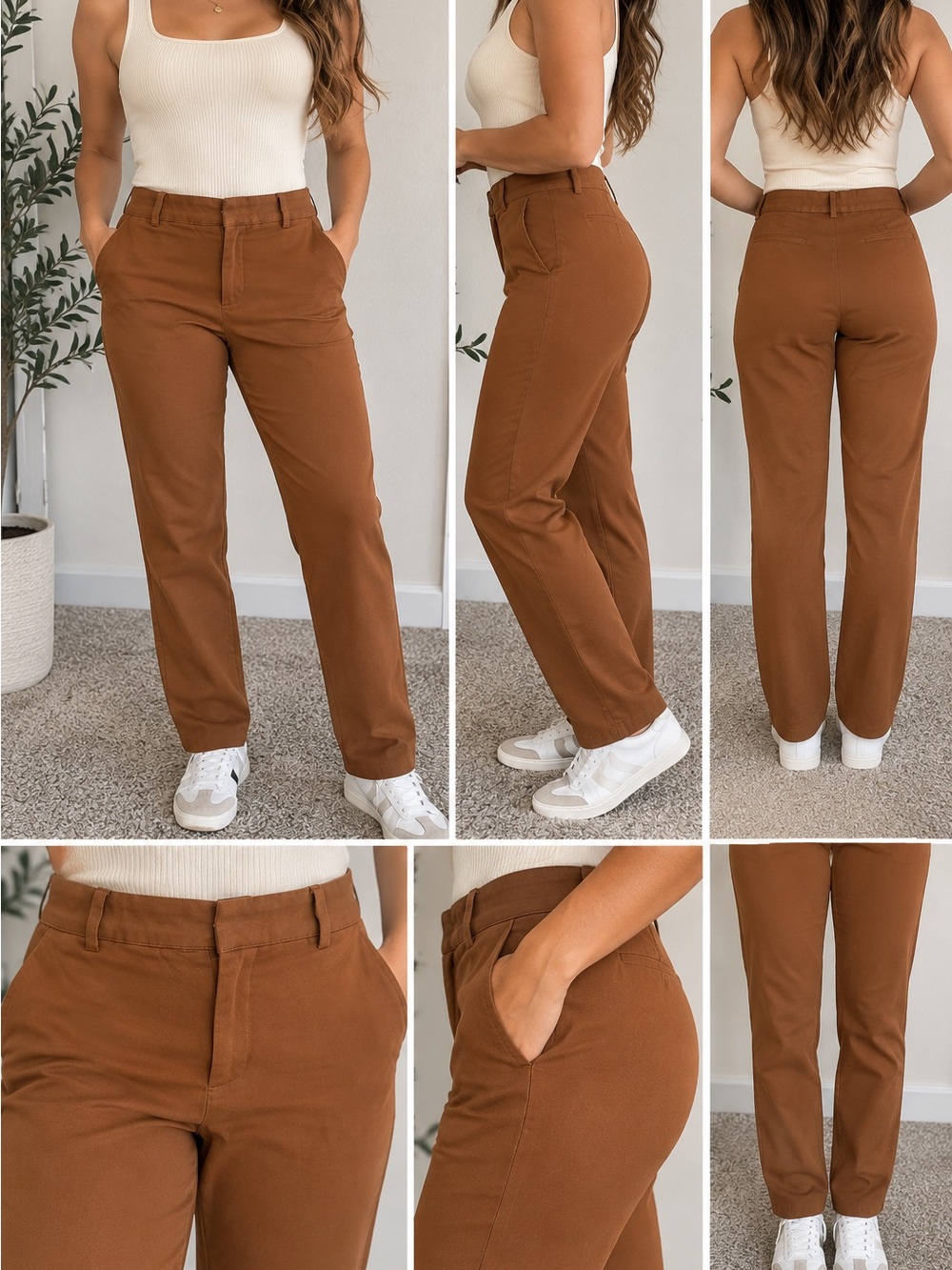 H&M Straight-Leg High-Rise Pants in Chestnut Brown